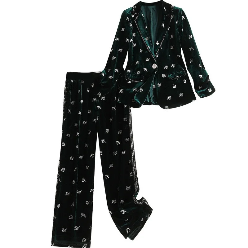 Рабочие брючные костюмы OL 2 шт наборы лебедь печати бархат Блейзер Куртка и