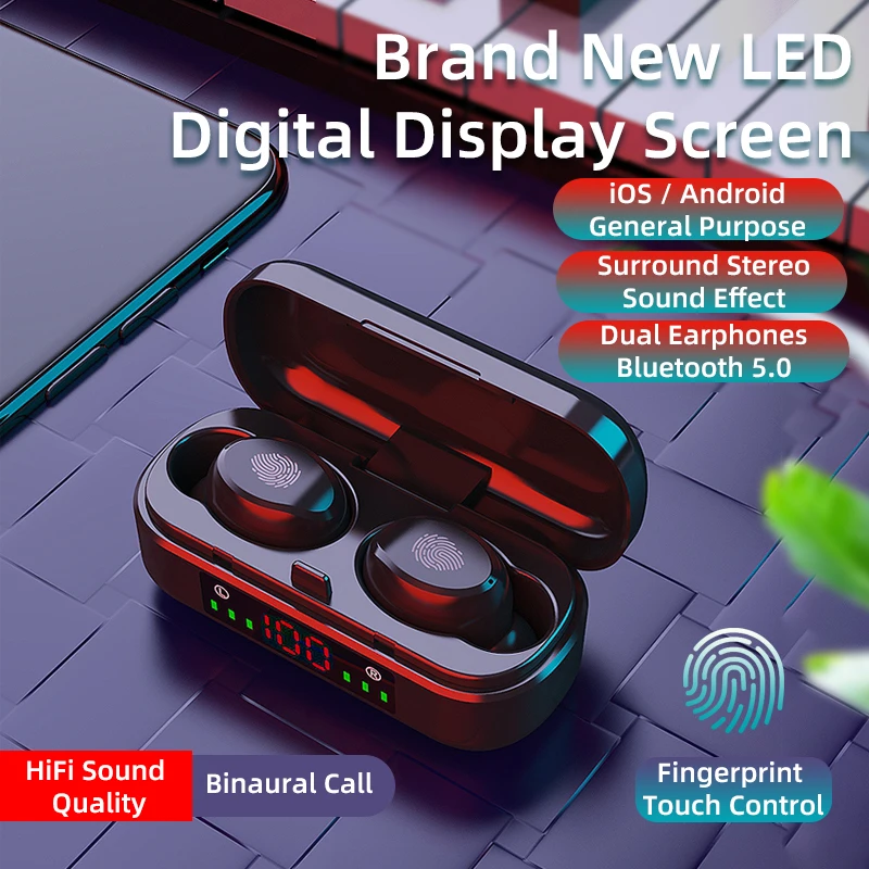 

Wireless Bluetooth 5.0 Headset V8 HiFi Stereo Earphones 2000mAh Sports Headphones Mini Earbuds for Android and iOS Smartphones