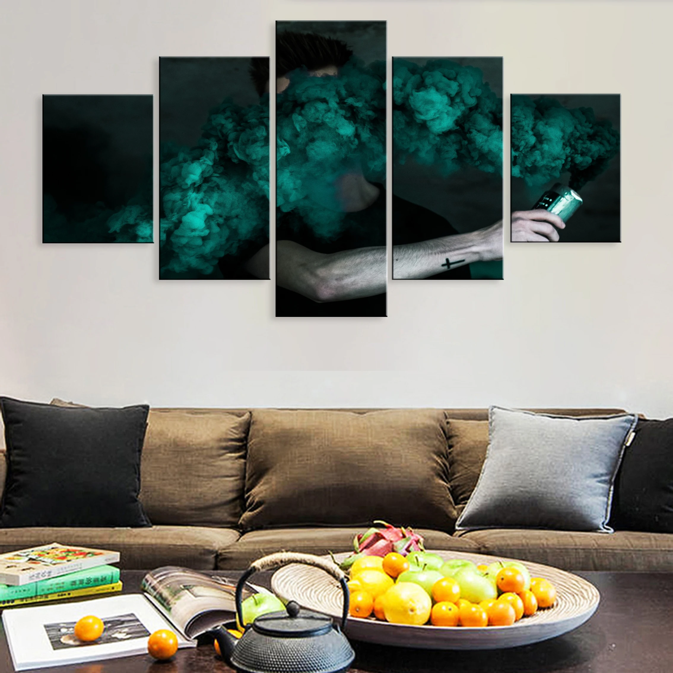 

Hd Printed Modern 5 Pieces Painting Canvas For Room Home Decor Framework People With Colored Smoke Bombs