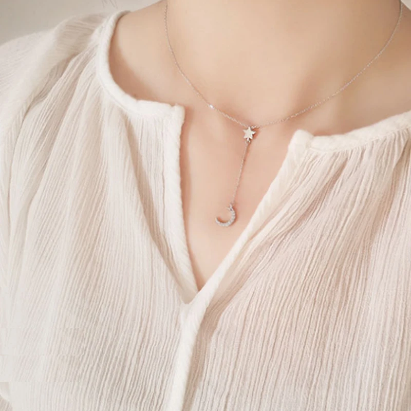 

Ожерелье из серебра 925 пробы с цирконом AAA, звезда, луна, подвеска-чокер, милый темперамент, подарок для девушки, цепочка, аксессуары, ювелирны...