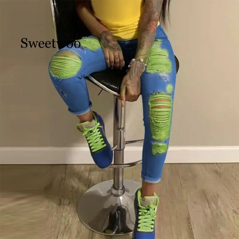 Женские прямые джинсы с высокой талией брюки дырками уличная мода женские