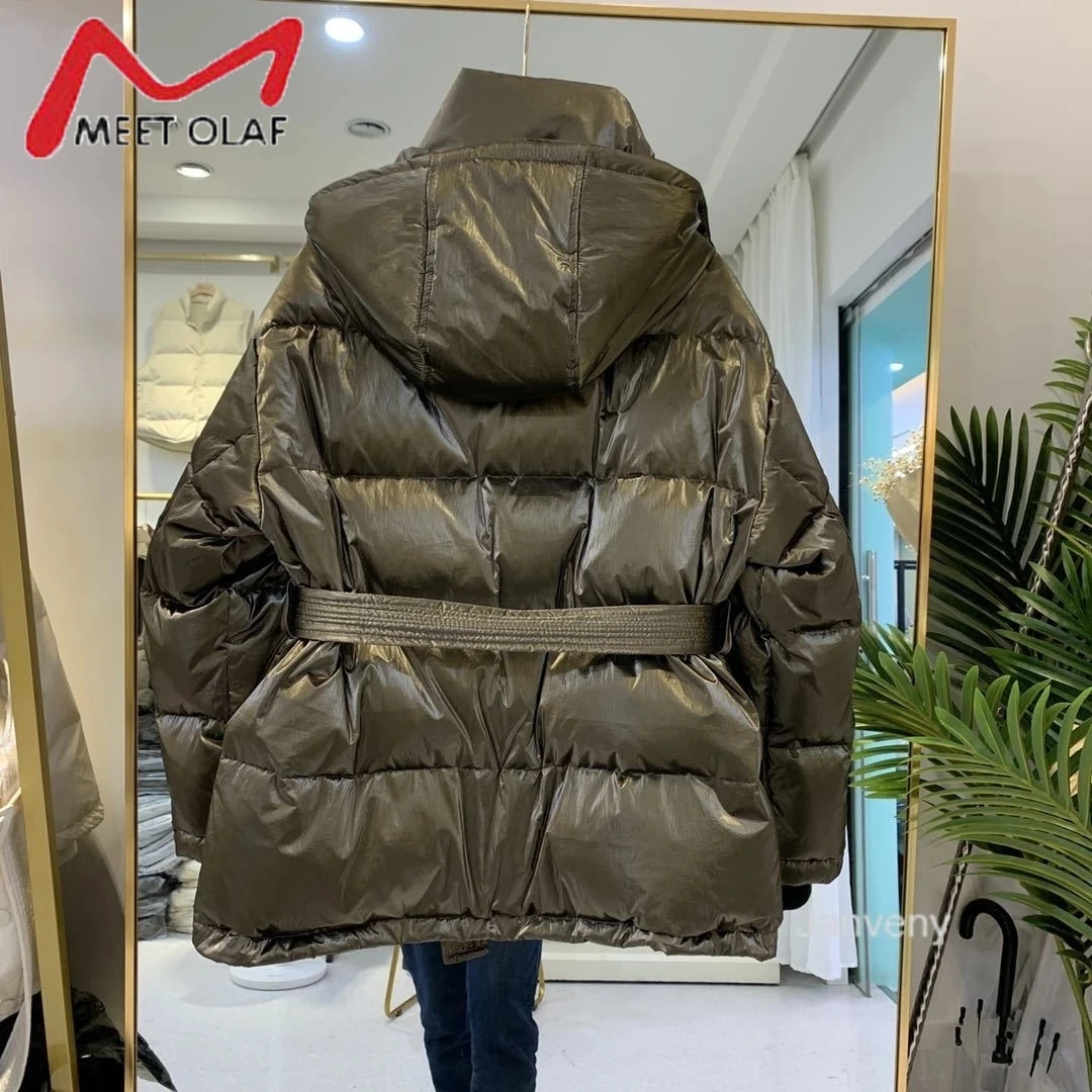 Casual Loose Glossy Hooded Down Jacket Women Fashion Solid Winter Thick Warm White Duck Coats Female Elegant Belt Parkas | Женская