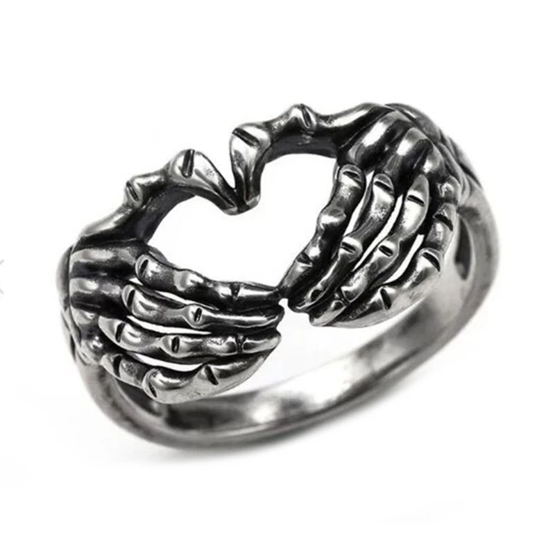 

Love Gesture Retro Ring Skull Hand Combination Concentric Domineering Ring for Men Women Size Gothic Punk Style Ring