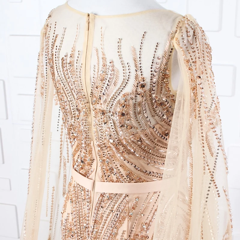 YY013 Churlya Wurfel dubai mermaid gown detachable sleeve shawl o-neck zipper back gold dress long mermaid bead robe de soiree