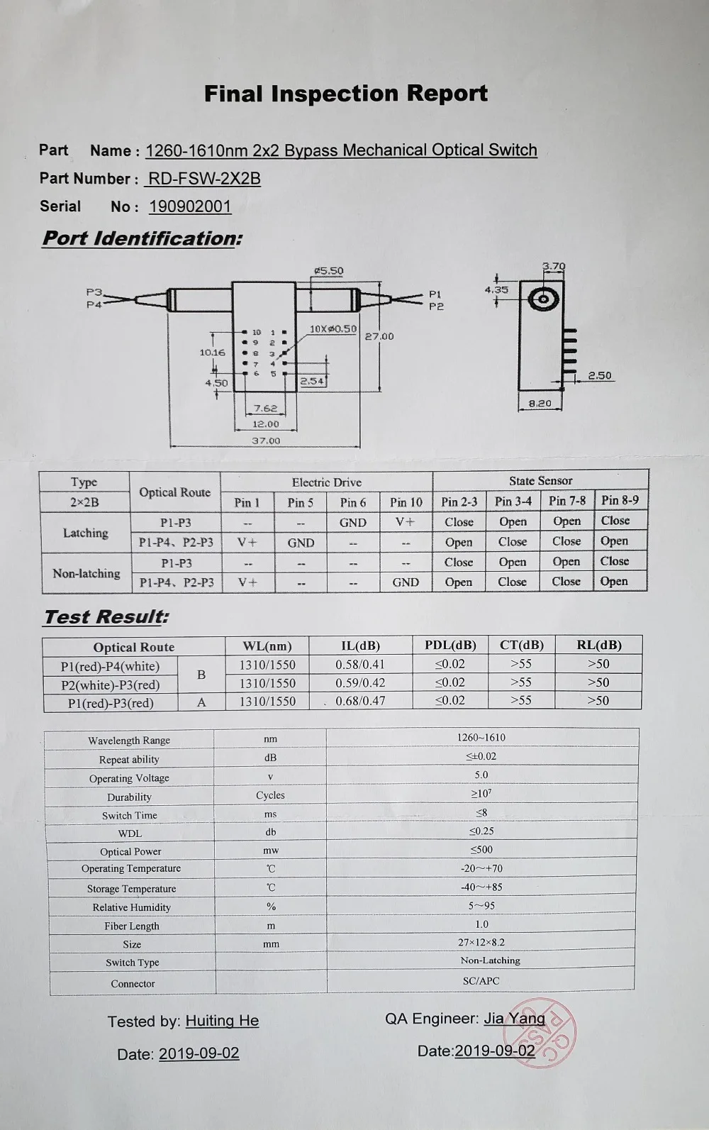 5V фиксация или без фиксации одномодовый 1310nm/1550nm механический 2x2 байпасный оптический переключатель