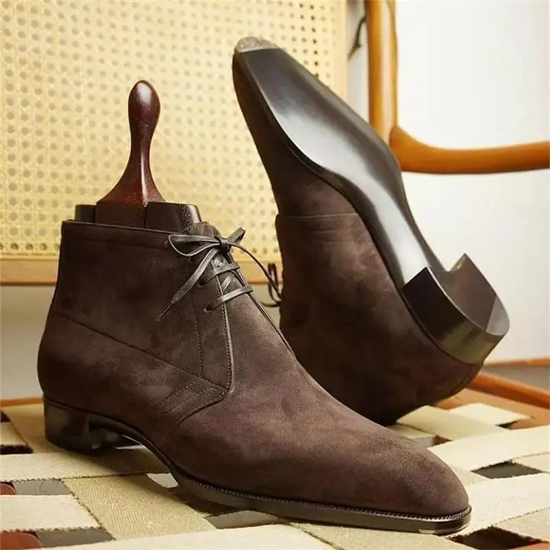 

New Men Fashion Trend Dress Shoes Handmade Brown Faux Suede Wingtip Lace-up Square Toe Everyday Gentleman Ankle Boots 7KG527