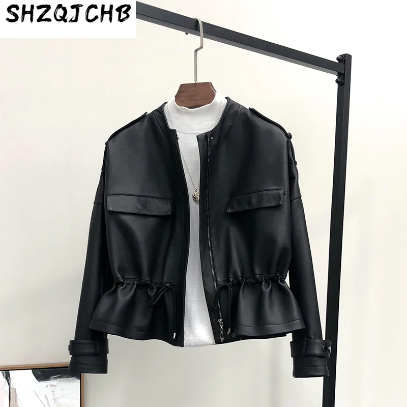 

Женская кожаная куртка SHZQ, короткая куртка из овечьей кожи, закрывающая талию, с круглым вырезом, Корейская версия для весны и осени