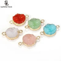 10pcslot gold color fake stone crystal resin druzy connectors charms for bracelet making 2 holes round pendant jewelry findings