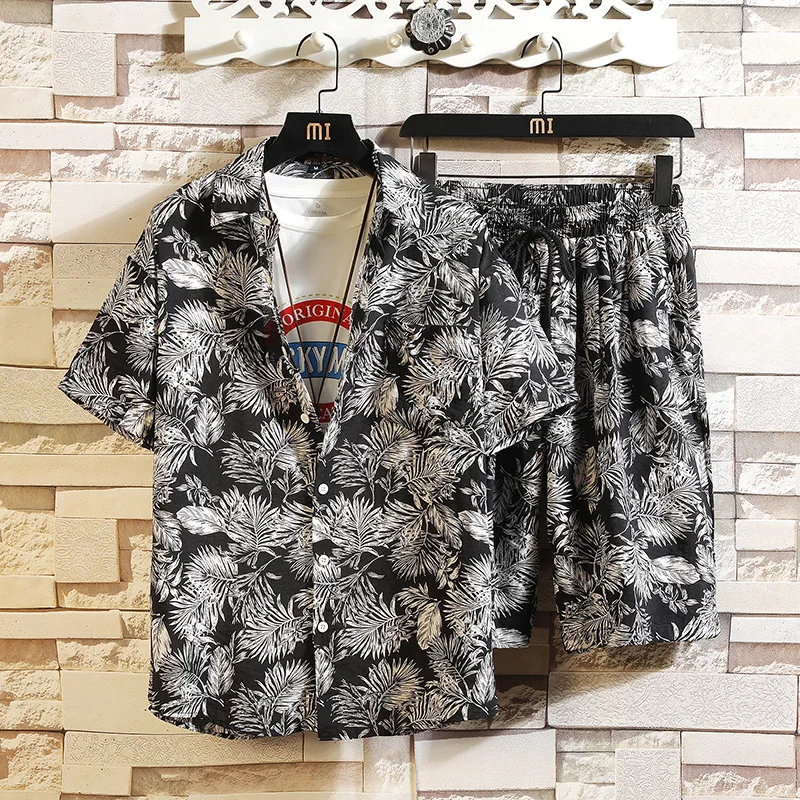 

Hot Sale 2020 Hawaii Beach Flower Shirt Short Sleeve Men's Loose Hong Kong Style Japanese Shirt Shorts Set Two Piece Set