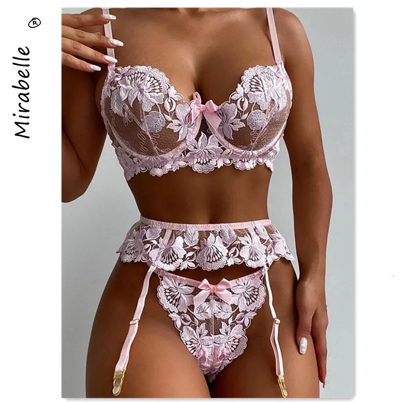 

MIRABELLE Sensual Lingerie Woman Fancy Lace Embroidery Underwear Erotic Set Sexy Transparent Bra And Panty Garters 3 Piece Set