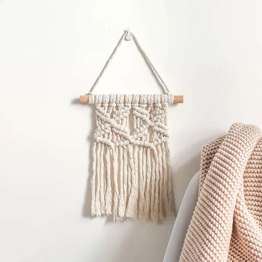 

1pc Handmade Woven Mini Tapestry with Tassel Wood Stick Wall Hanging Decor Macrame Pendant for Home Living Room Bedroom Beige