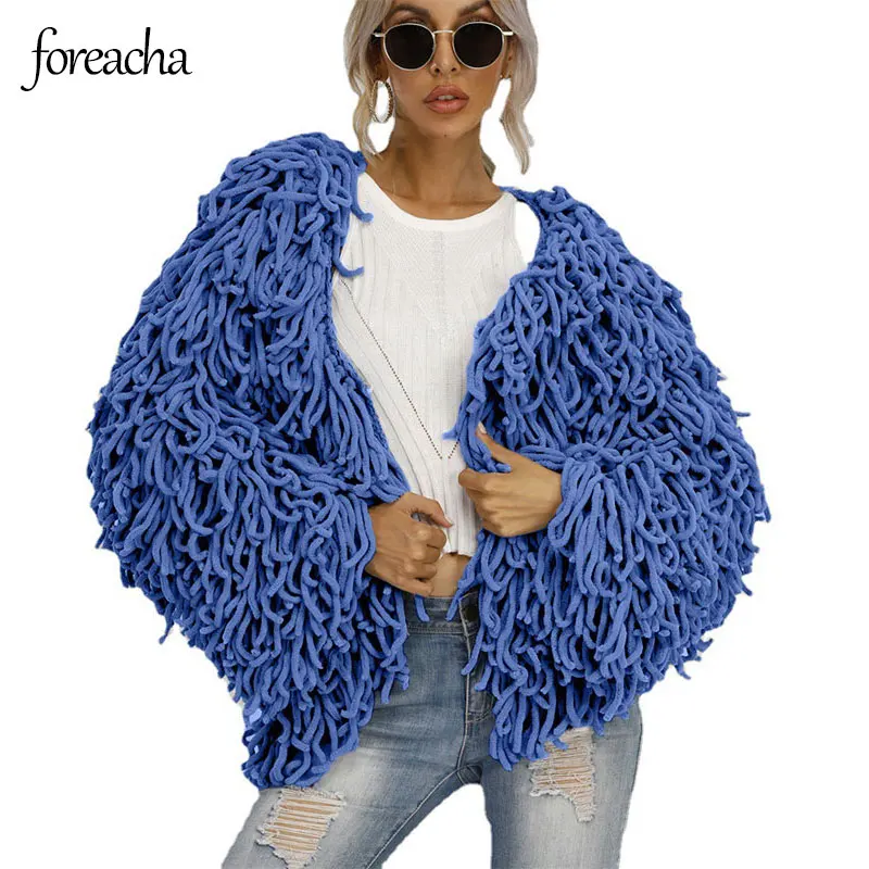 

Женская меховая куртка foreacha с V-образным вырезом и кисточками, пушистая Синяя Женская однобортная куртка большого размера из искусственног...