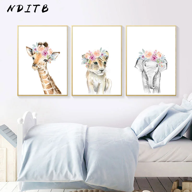 Цветочный сафари животное лев картина слона на холсте постер для детской комнаты