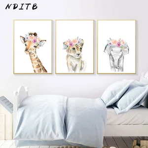 Цветочное сафари животное лев картина слона на холсте постер для детской комнаты печать настенные картины в скандинавском стиле для детской спальни