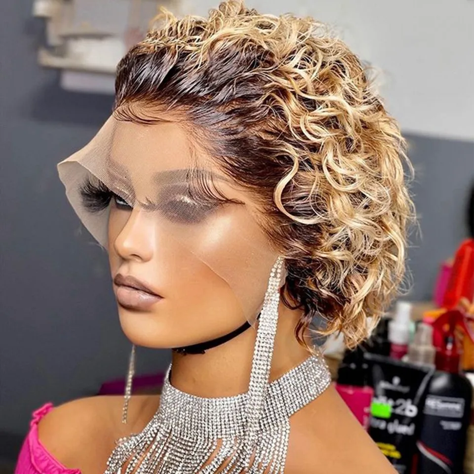 Highlight Human Hair 4x4x1 Curly Bob Wig  Brown Colored Human Hair Wigs Pixie Cut Wig Transparent Preplcuked Wig For Women