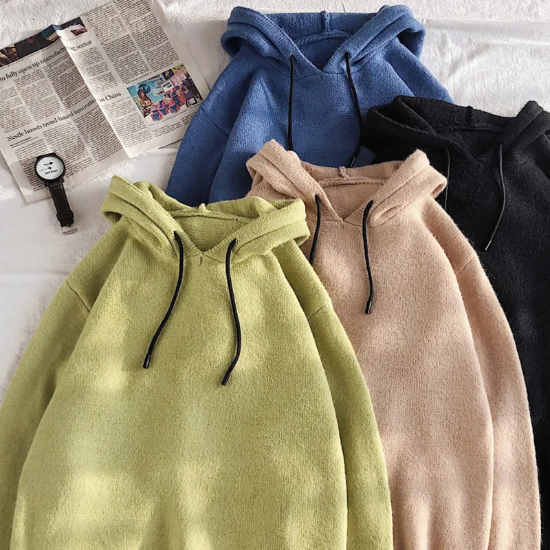Winter Hooded Sweater Men's Warm Fashion Solid Color Casual Knit Pullover Men Wild Knitting Sweaters Male Sweter Clothes M-2XL
