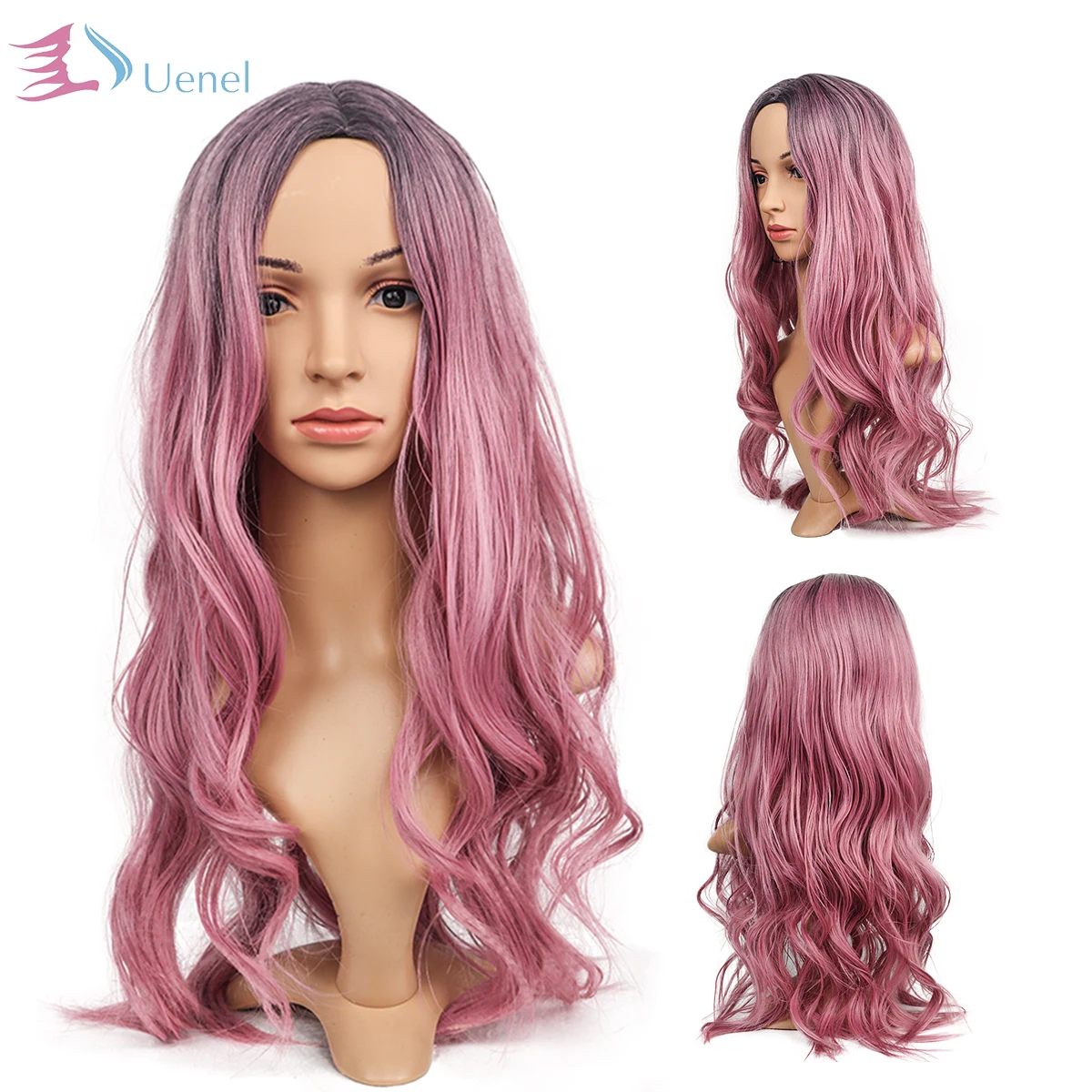 

Uenel высокотемпературное волокно, европейские и американские синтетические удлинители волос для женщин, розовые длинные локоны, 28 дюймов, бе...