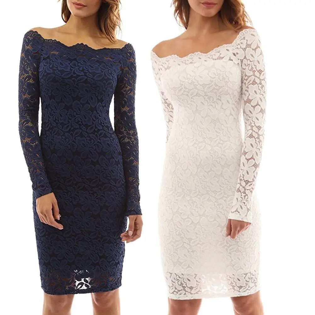 Женское кружевное платье с открытыми плечами однотонное облегающее длинным