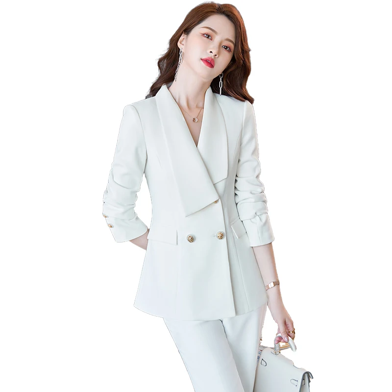 Lenshin 2 Piece Suits High quality Women Pant Suit Fashion Formal Lady Office Work White Business Double breasted Blazer Suit