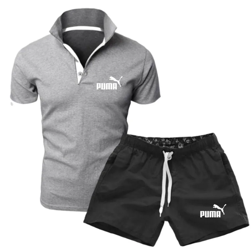 

2021 new sports print suit summer thin men's fashion suit two-piece polo shirt + shorts
