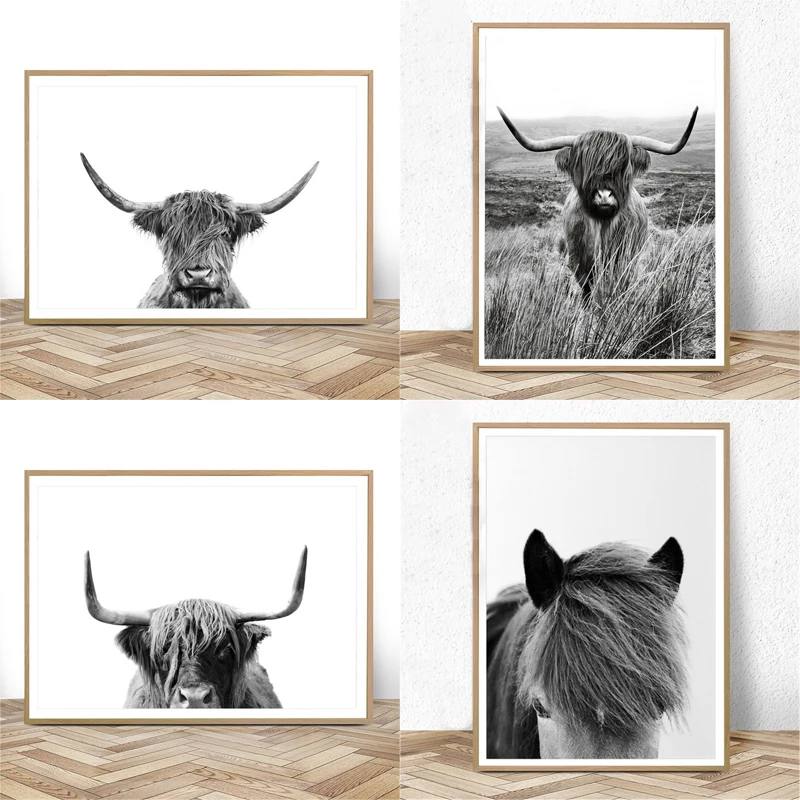 

Highland Cow Black White Animals Canvas Painting Nordic Style Poster and Prints Wall Art Picture for Living Room Home Decoration