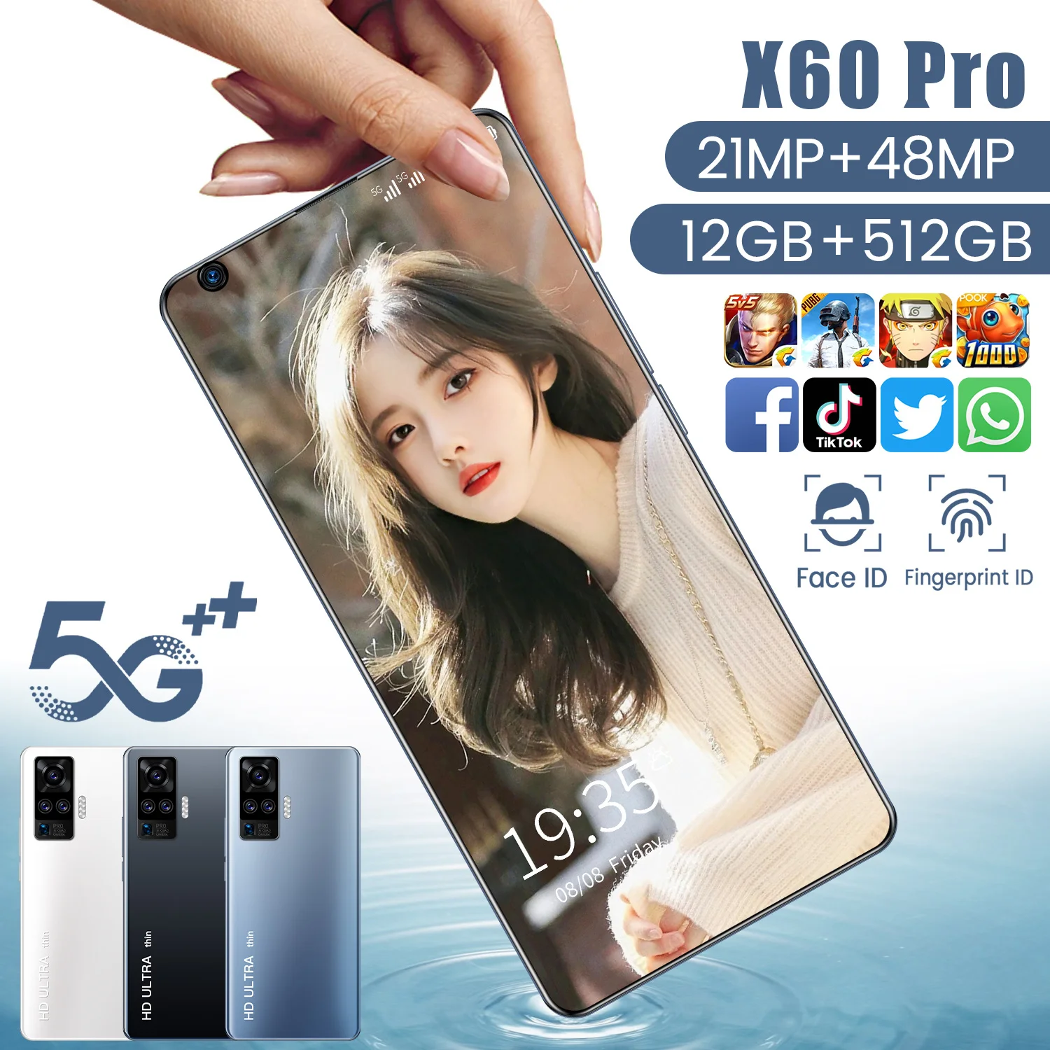 

Global Version X60 Pro-7.5'' Big Screen Smartphone Android 10.0 Face Unlock 5600mAh Cellphone 12+512G Dual SIM 5G Networkphone
