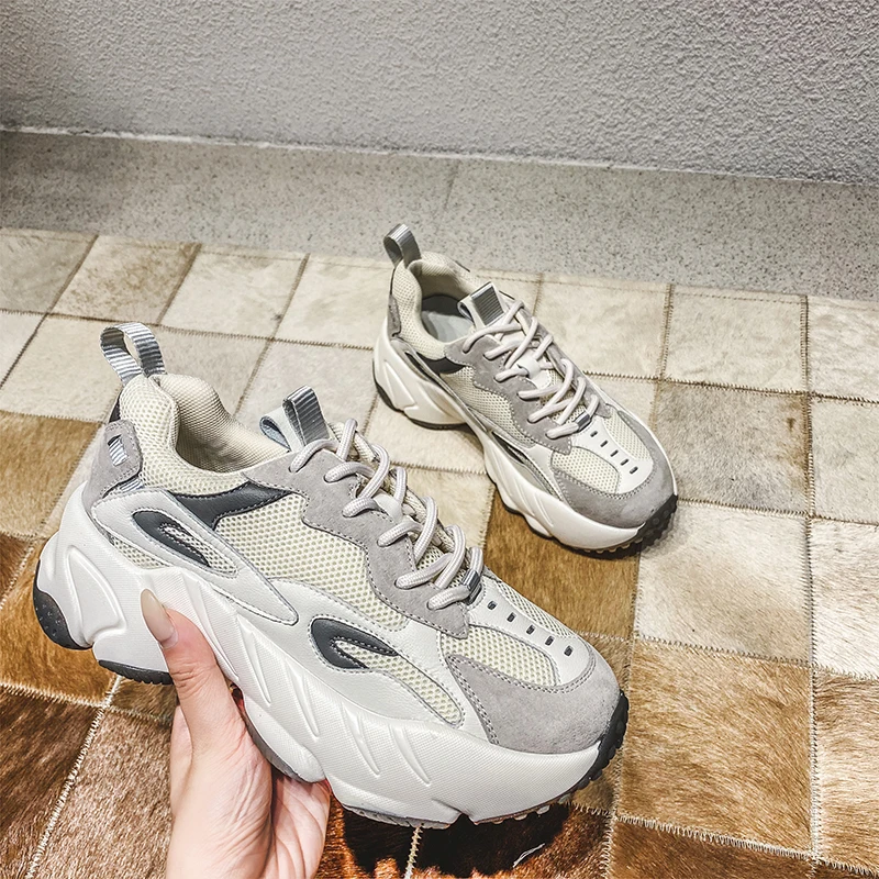 

MLJUFEE 2021 Women Chunky Sneakers Cow Suede Air Mesh Mixed Colors Casual Trend Female Comfortable Vulcanize Sports Shoes