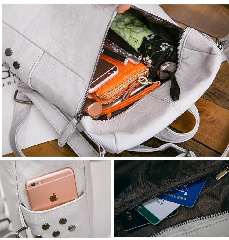 

Simple rivet Women multifunctional backpack female shoulder bag Large capacity PU Leather Backpacks For Teenage Girls School Bag