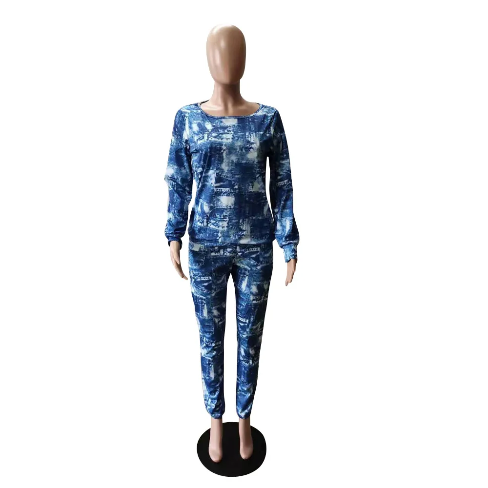 

High Stretchy Casual Women Tracksuit Fashion Tie Dye Print Round Neck Long Sleeves Loose Cargo Pants Two Piece Outfits Spring