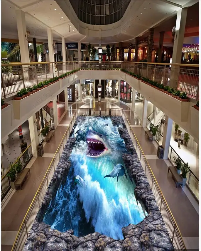 

Custom Picture Self-adhesive Flooring wallpapers Wall Sticker Ocean World Shark Dolphin 3D Outdoor Floor Painting wall papers
