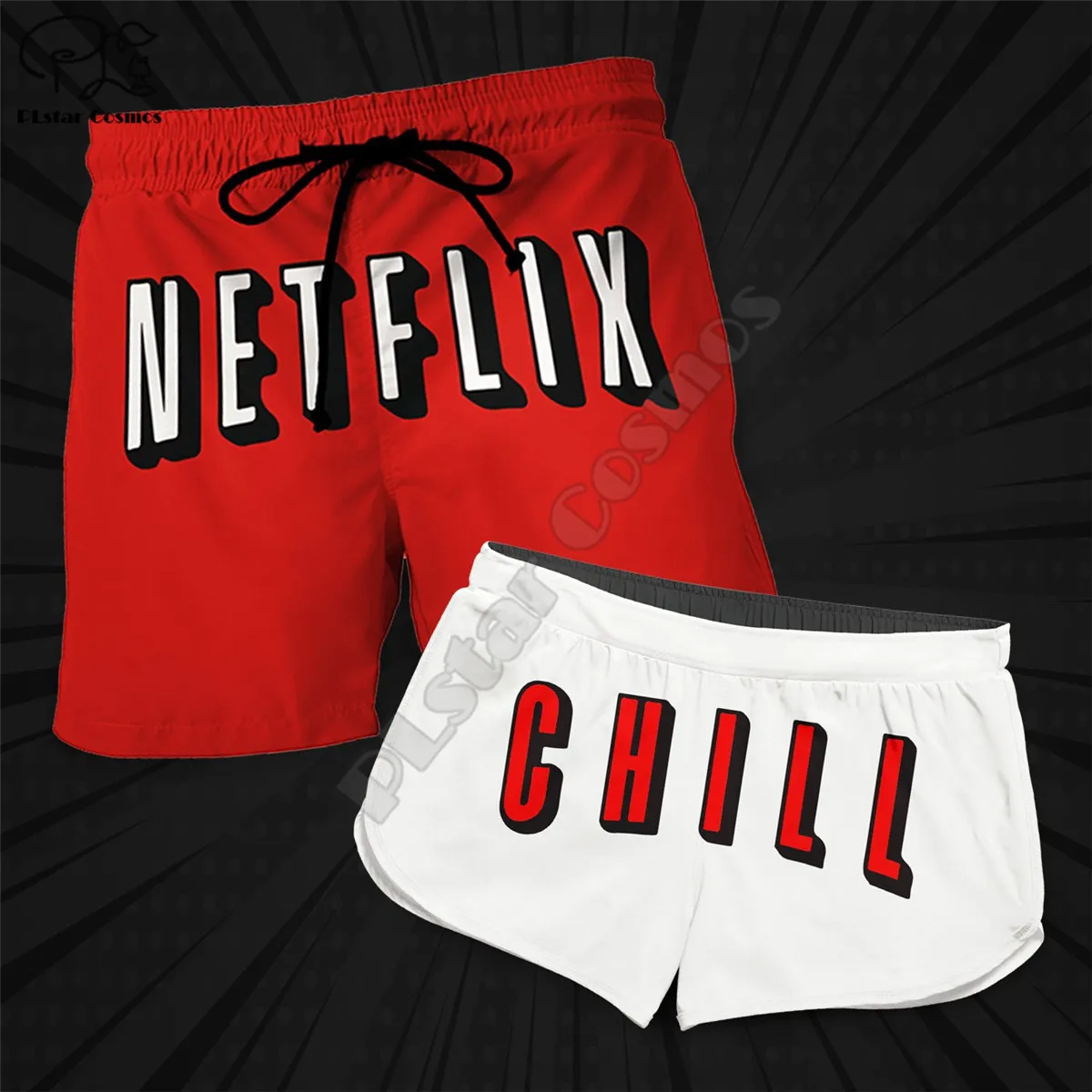 

Couple Matching NETFLIX AND CHILL Printed 3d Shorts women for men Elastic Waist Shorts Summer Quick Dry Beach shorts