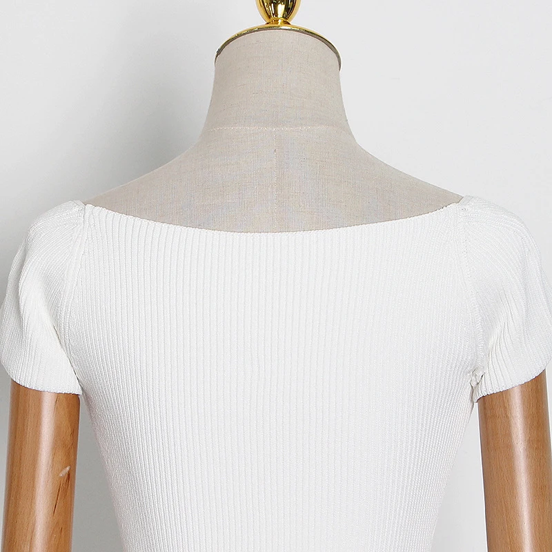 

GALCAUR Pure Color Knitting Dresses For Female Square Collar Short Sleeve High Waist Slimming Women's Elegan Dress 2021 Fashion