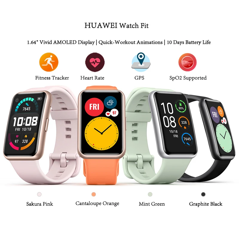 

100% Original Global Version HUAWEI Watch FIT Smartwatch Quick-Workout Animations GPS Blood Oxygen 10 Days Battery Life Gift