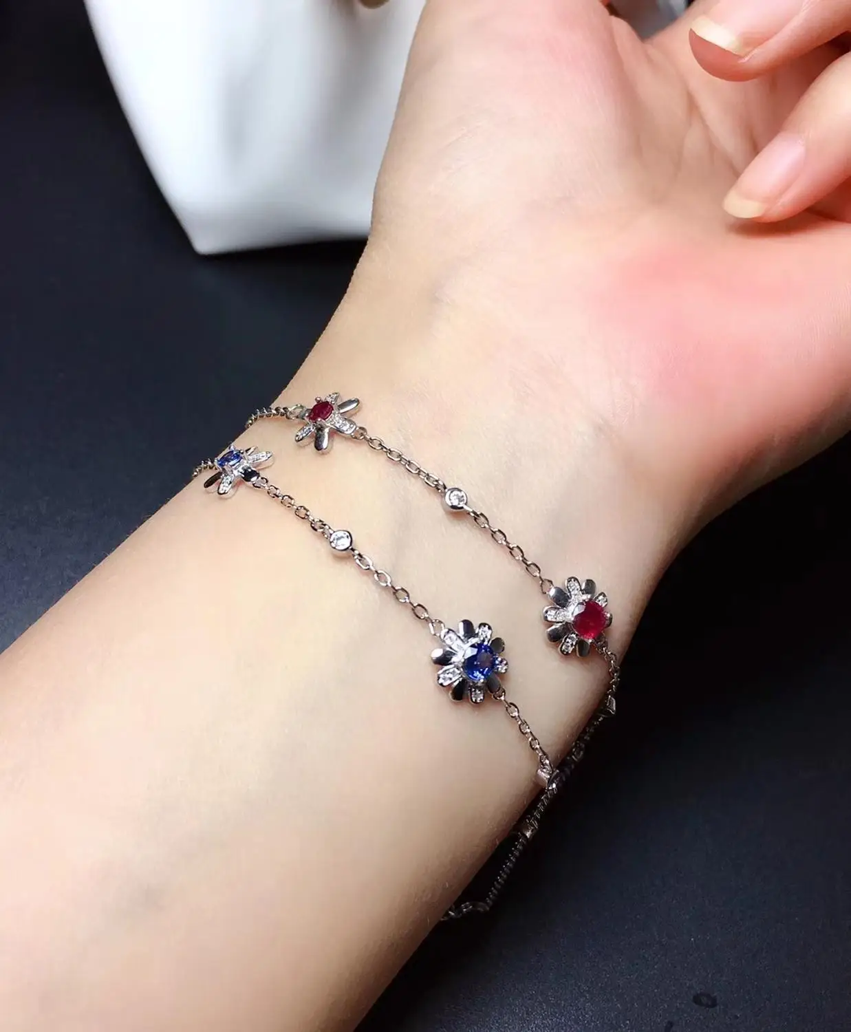 Grace Stars Sun Flower Natural Sri Lank Sapphire Bracelet Natural Red Ruby Bracelet S925 Silver Girl Party Gift Fine Jewelry On.