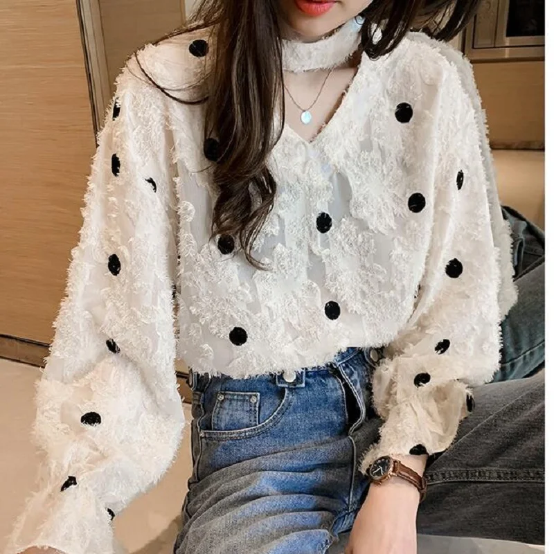 XQ002408 white Корейская повседневная женская шифоновая блузка Осень свободного размера плюс рубашка в горошек рубашка с длинным рукавом модная женская уличная одежда женские топы - Цвет: XQ002408 white
