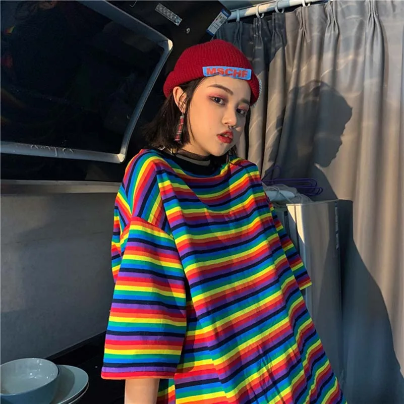 

NiceMix 2021 Streetwear Summer Japanese Harajuku Striped T Shirt Women Casual Rainbow T-shirts Friends Vintage Tops Blusas Camis