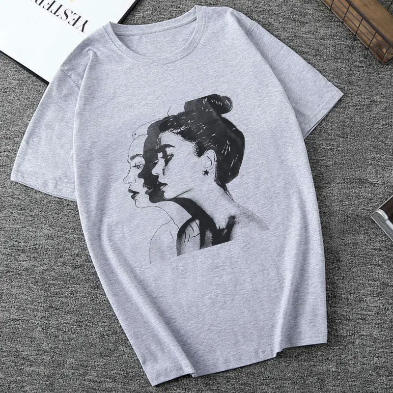 

2019 Fashion harajuku vintage Sketch Girls Graphic printed tops Casual Short sleeve women t shirt cartoon summer Loose White Top