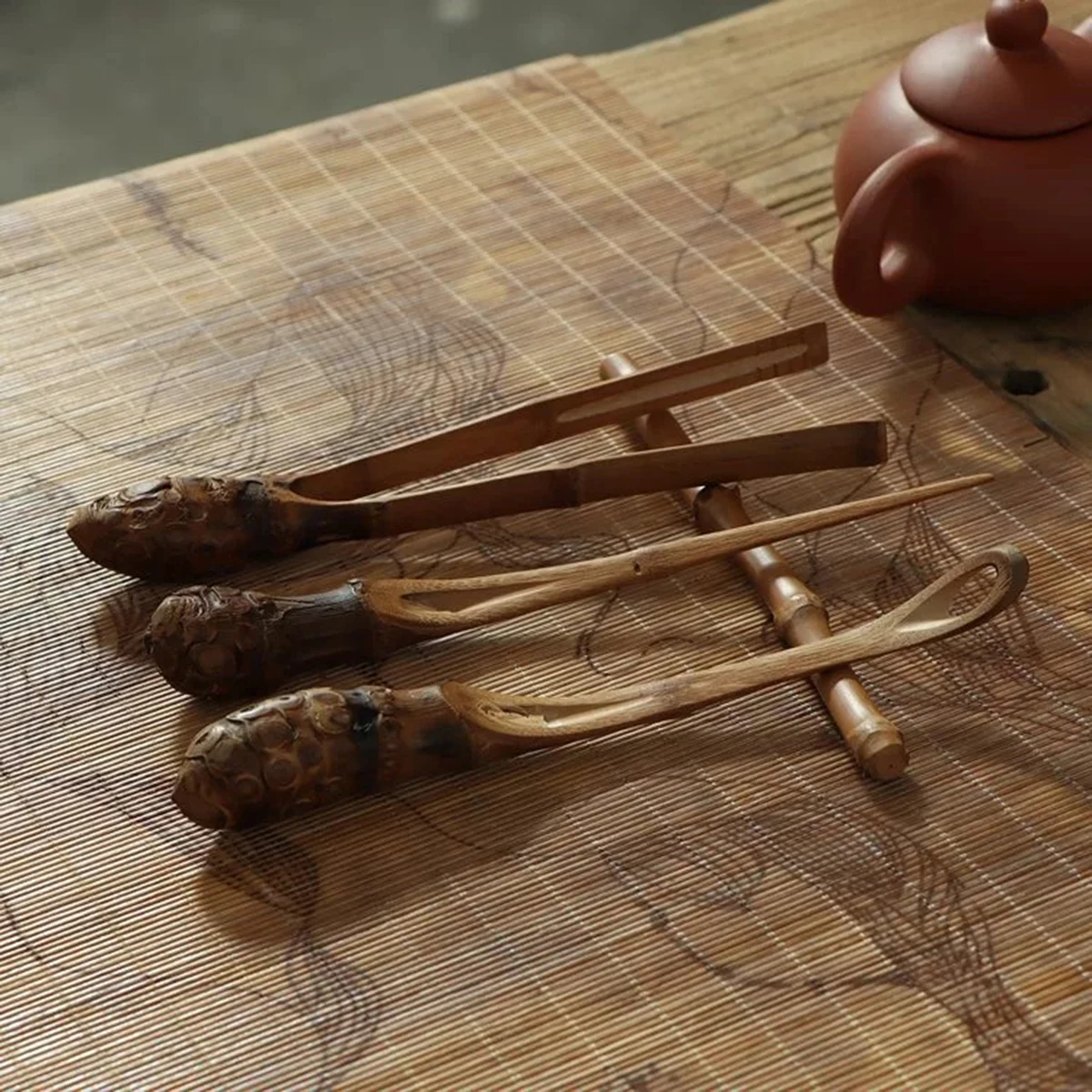 Juego de t&eacute; de ra&iacute;z de bamb&uacute;, accesorios para la ceremonia del t&eacute;, cinco piezas naturales hechas a mano, pinza para t&eacute;, saucer de aguja de t&eacute; con fugas-4