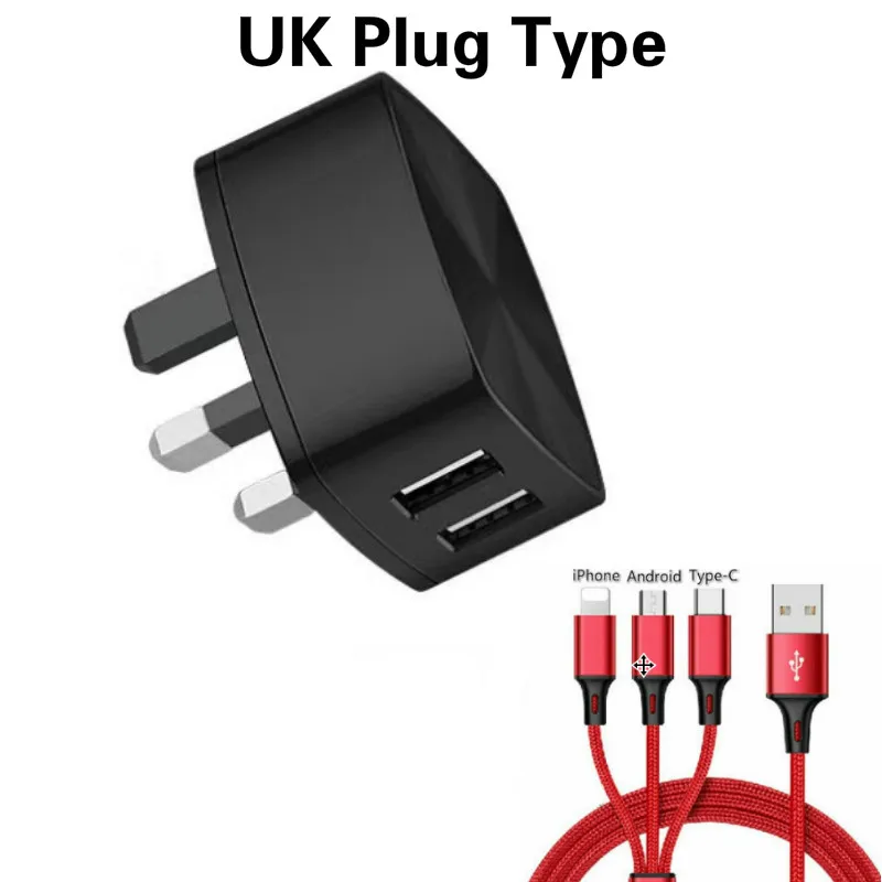 Двойной Быстрая зарядка для мобильных телефонов через USB Зарядное устройство 5V 2.4A 2 Порты и разъёмы Быстрая зарядка EU/US/UK розетки Зарядное устройство адаптер с 2.4A 3-в-1 кабель для быстрой зарядки - Цвет: UK Plug Type