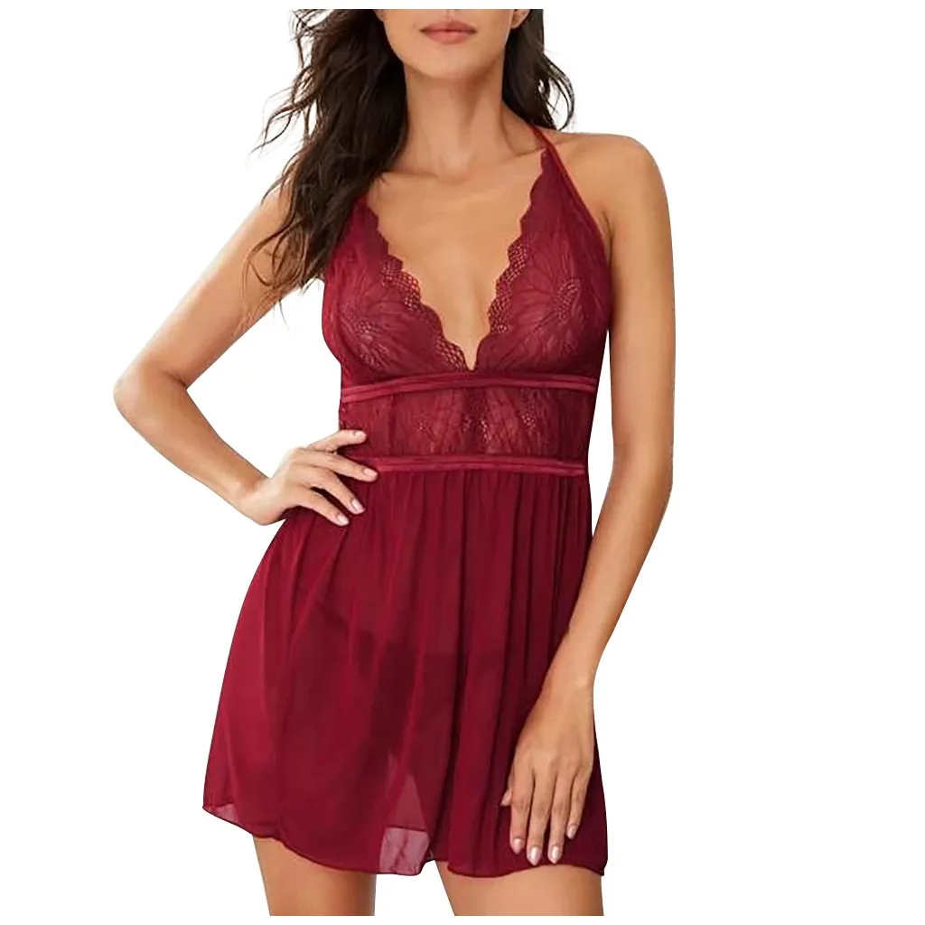 Для женщин кружева Экран шить ночная рубашка с треугольным вырезом и открытой