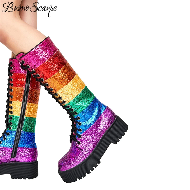 Buono Scarpe/шикарные женские ботинки до середины икры; женская обувь на платформе с перекрестной шнуровкой; Botas Fenimina; Новинка года