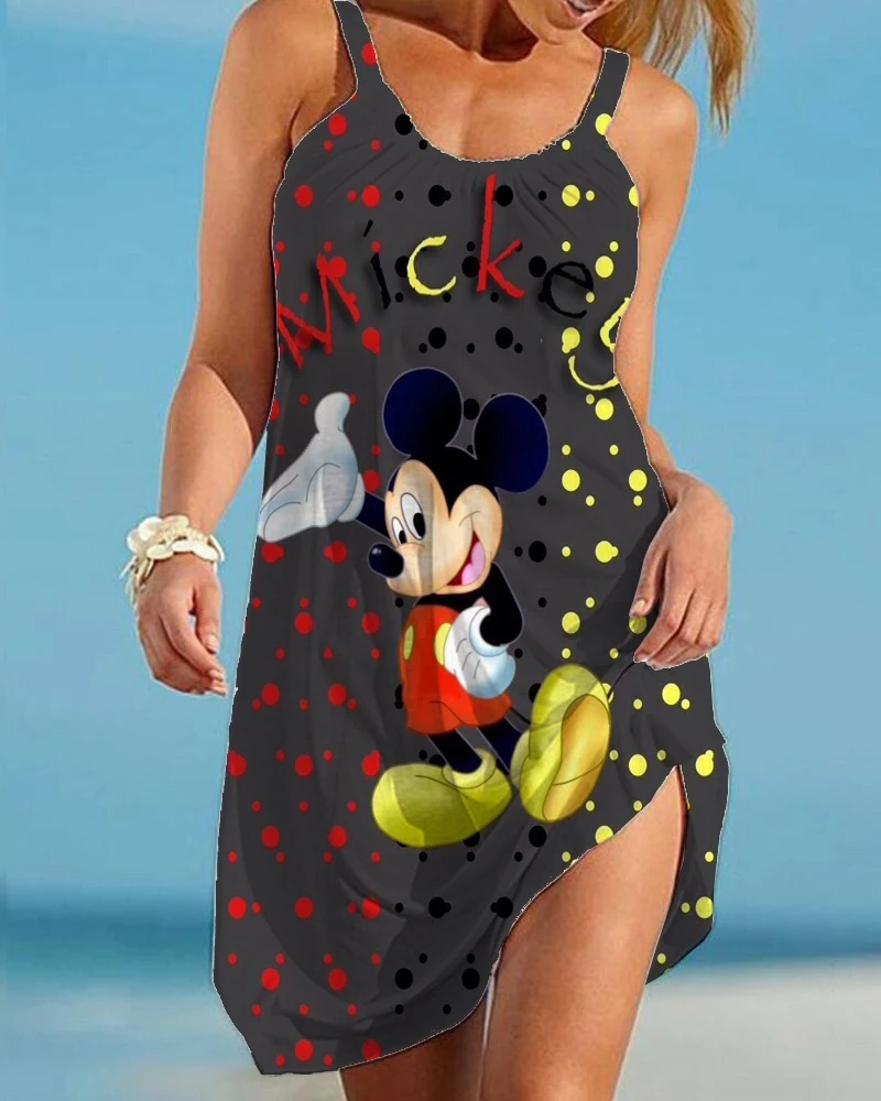 

Disney Mickey Mouse Summer Printing Mickey Anime Long Skirt Party Ladies Leisure Club Beach Skirt Sleeveless Knee-length Dress