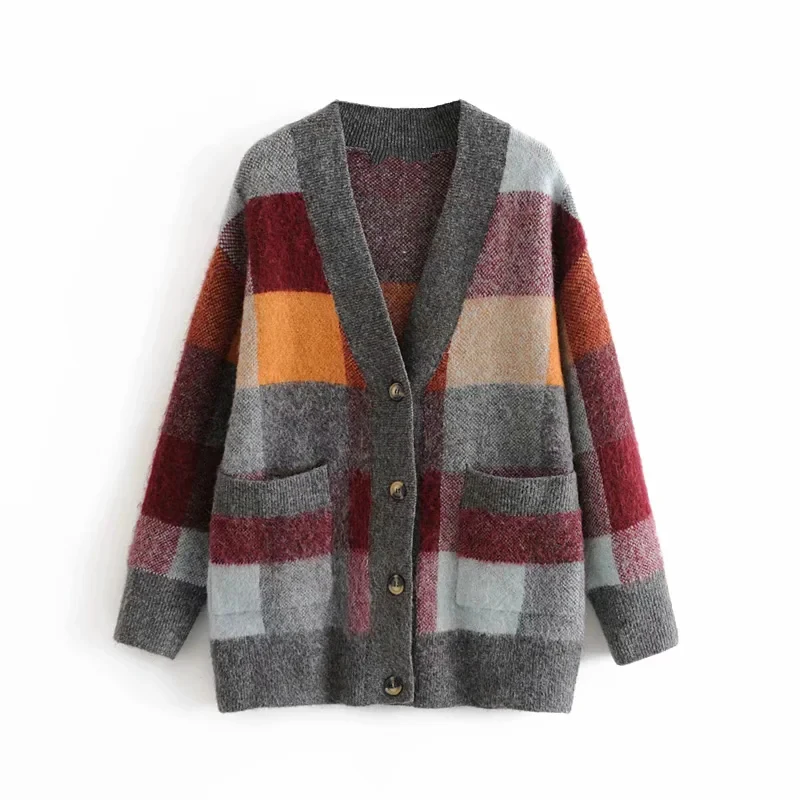 

Vintage V-Neck Oversize Cardigan Sweater Women Fashion Slim Plaid Button Elegant Knitted Sweater Casual Loose Chic Tops 2020