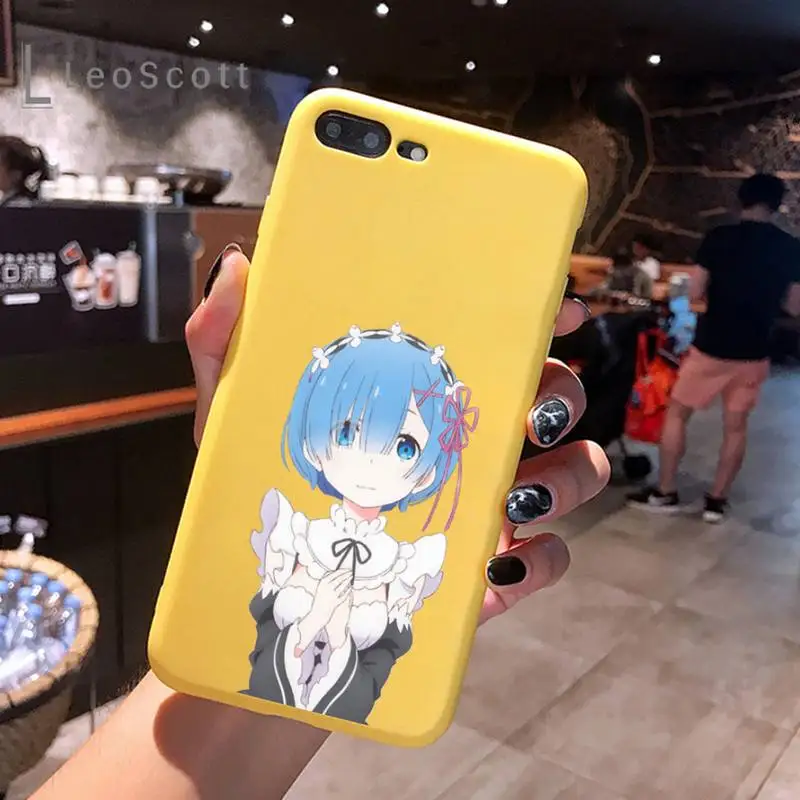 

Anime ReZERO Ram Rem Phone Case Yellow Candy Color for iPhone 6 7 8 11 12 s mini pro X XS XR MAX Plus