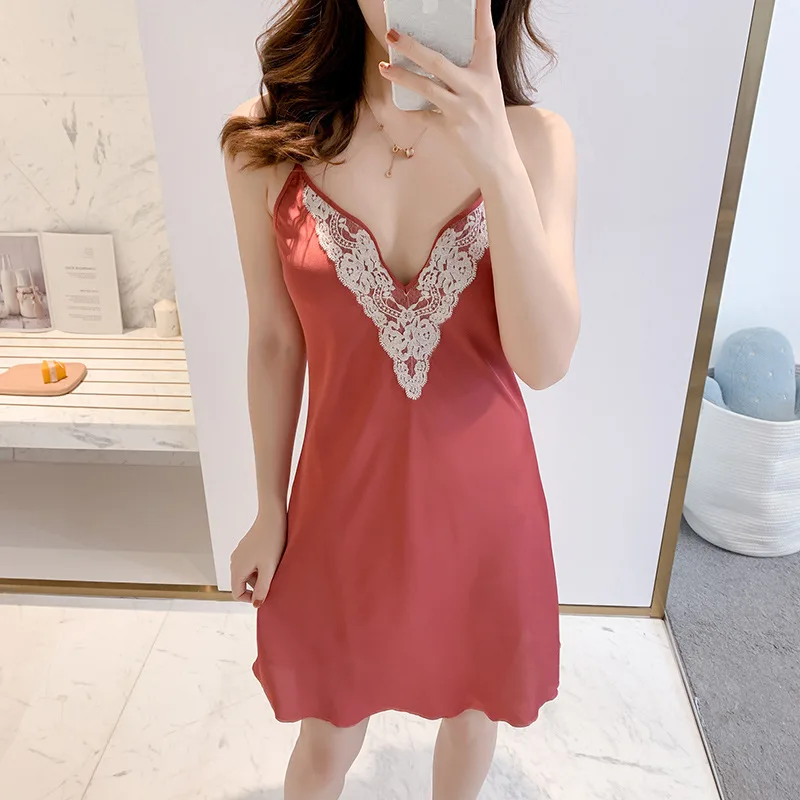 

Summer V-Neck Nightgown Female Suspender Strap Sleepwear Thin Lace Nightdress Women Sexy Home Dressing Gown Loose Negligee
