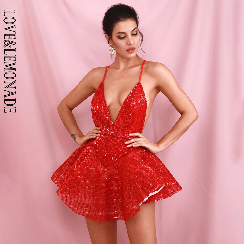 Женский костюм с блестками LOVE & LEMONADE красный пляжного типа глубоким V образным