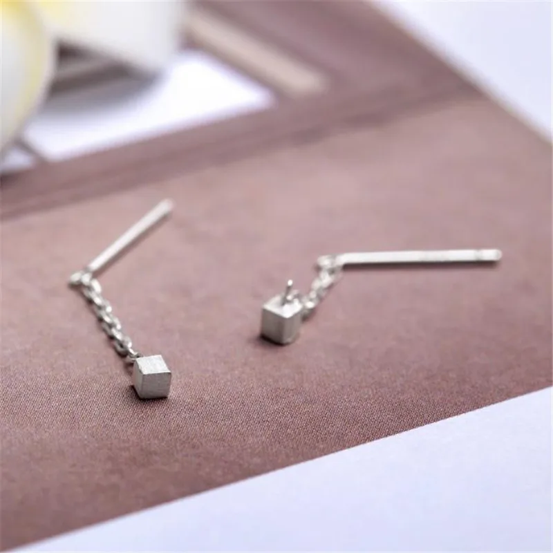 POFUNUO 925 Sterling Silver Stud Earrings Korean Style Fashion Sweet Wire Drawing Square Charm Minimalist Fine Jewelry | Украшения и