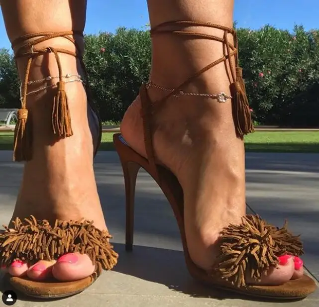 

Moraima Snc Brown Suede Fringed High Heel Sandal Woman Sexy Open Toe Lace-up Gladiator Shoes Cutouts Thin Heels Sandal