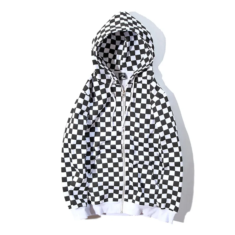 

2021 Kpop Black White Checkerboard Plaid Women Zipper Hoodie Sweatshirt Harajuku Streetwear Men Oversize Fleece Hooded Hipster