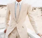 Мужской льняной Свадебный костюм anniebitney, бежевый Повседневный смокинг для жениха, летние пляжные вечерние костюмы-смокинги для выпускного вечера